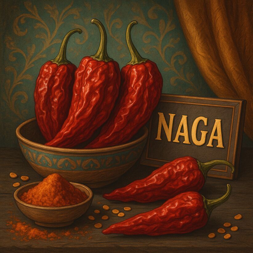Digital still life of Naga chillies, extreme heat with floral tones, iconic superhot chilli