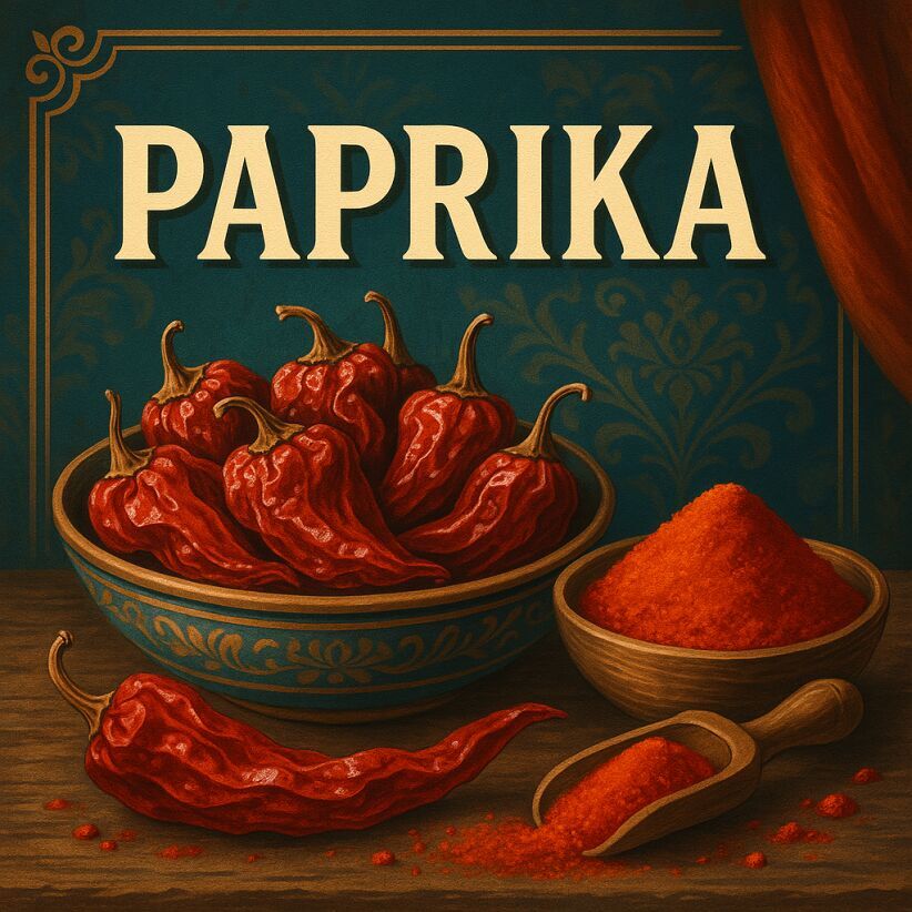 Vibrant digital painting of Paprika powder and pods, sweet or smoky varieties, rich colour display