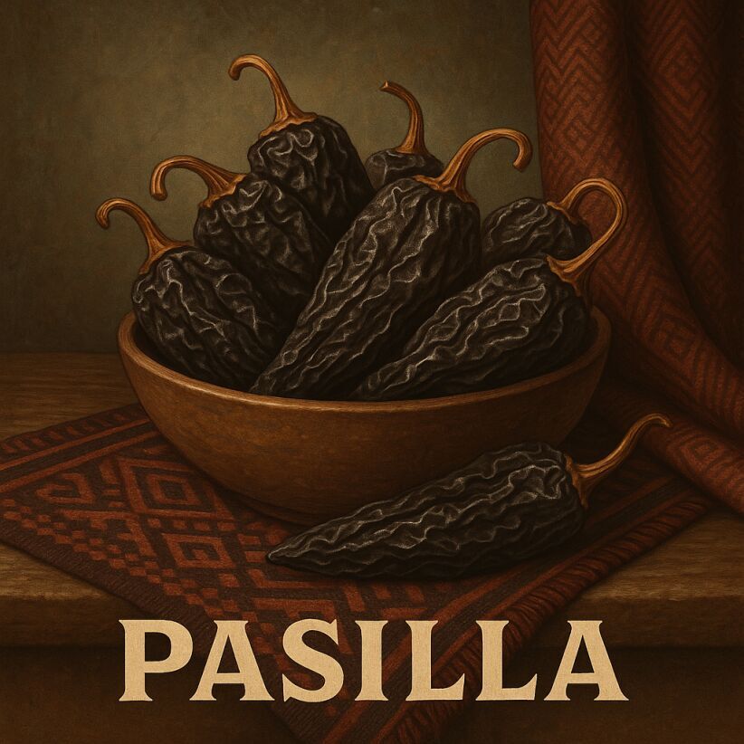 Still life of Pasilla chillies, dark and raisin-like, part of traditional Mexican mole trinity