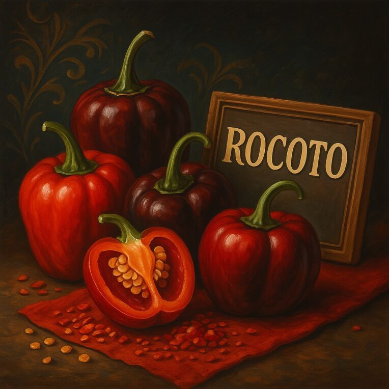 Traditional-style illustration of Rocoto chillies, round and juicy, South American heat and flavour