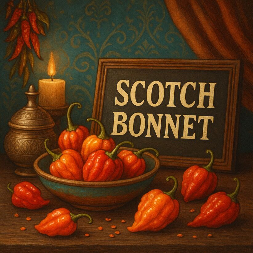 Still life of Scotch Bonnet chillies, bright yellow and orange pods with tropical Caribbean heat