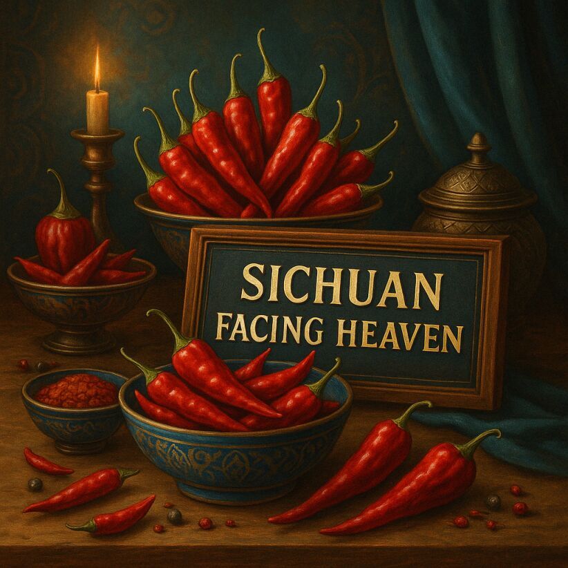Traditional Chinese still life of Sichuan Facing Heaven chillies, upward-facing pods with strong heat