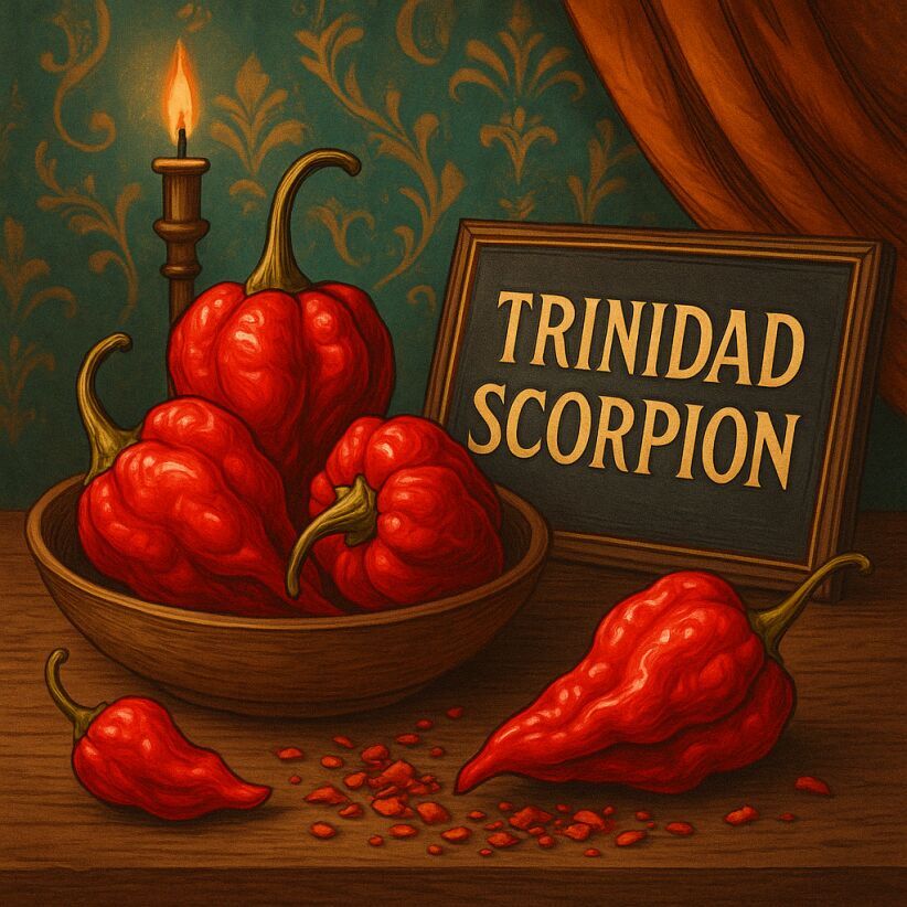 Intense still life of Trinidad Scorpion chillies, superhot with fruity fire and iconic scorpion tail