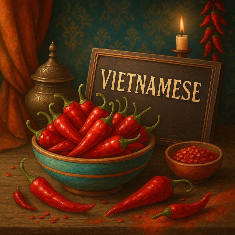 Clean, vibrant still life of Vietnamese chillies, small red pods used in Southeast Asian cooking