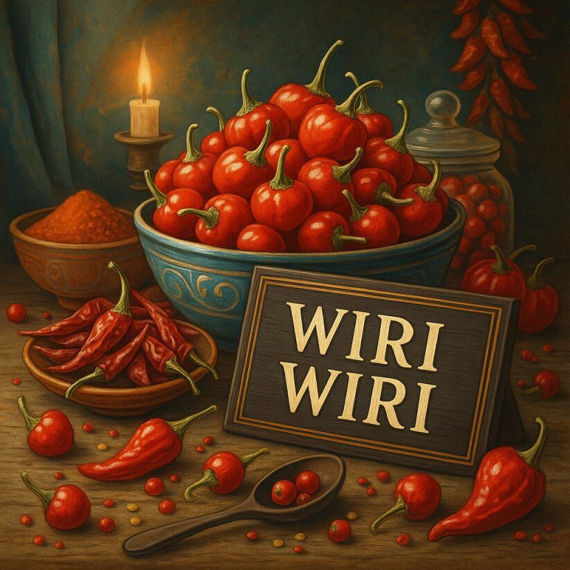 Traditional still life illustration of Wiri Wiri chillies, small cherry-shaped pods from Guyana