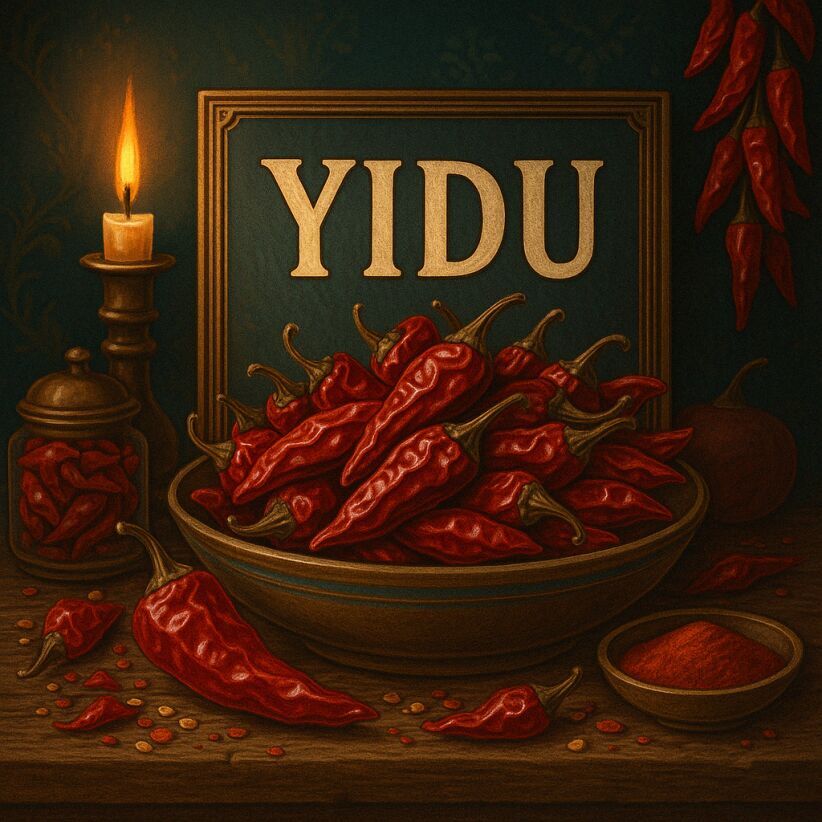 Bright digital still life of Yidu chillies, mild Chinese red chillies used for colour and warmth