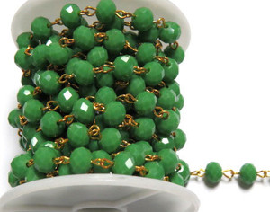 8mm Crystal Faceted kelly Green Luster Beaded Gold Plated Chain 8mm Crystal Faceted kelly Green Luster Beaded Gold Plated Chain