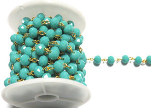 8mm Faceted Turquoise op Luster Beaded Gold Plated Chain By The 8mm Faceted Turquoise op Luster Beaded Gold Plated Chain By The