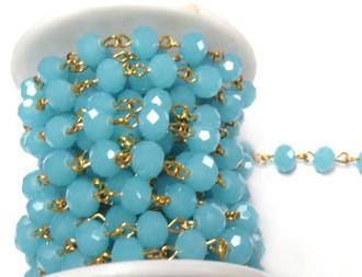 8mm Crystal Faceted Op Blue Luster Beaded Gold Plated Chain