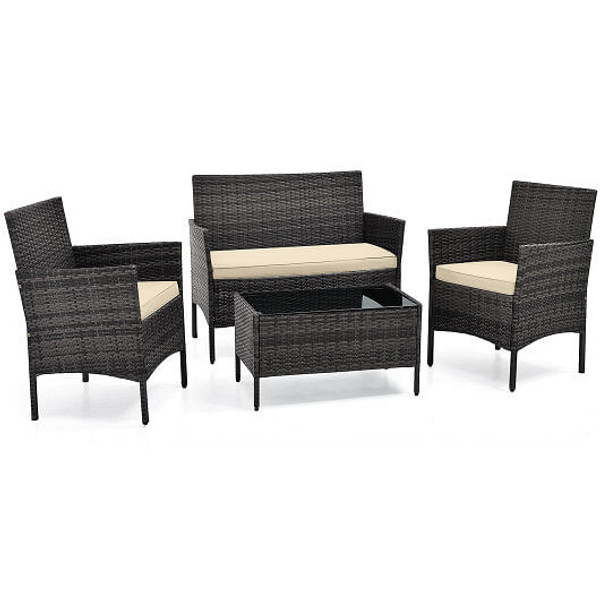 4 Piece Patio Rattan Conversation Set with Cozy Seat Cushions-Beige - Color: Beige