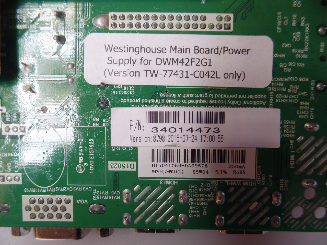 34014473 Westinghouse Main Board/Power Supply for DWM42F2G1 (Version TW-77431-C042L only)