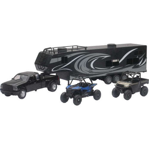 NEW RAY TOYS 37046 Pick Up Toy Hauler W/ Polaris Vehicles Set - 1:18 Scale - Black/Blue/Red 37046