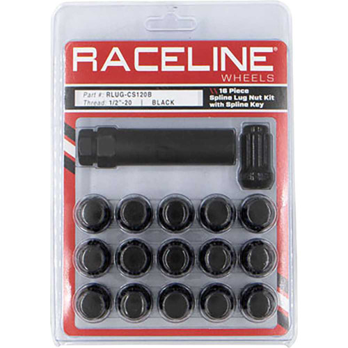RACELINE WHEELS RLUGCS120B Raceline Wheels Lug Nuts - Spline Socket - 1/2"-20 - With Spline Key - Black - 16 Pack Rlug-Cs120B