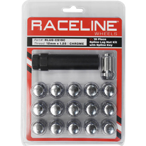 Raceline Wheels Lug Nuts - Spline Socket - 12 Mm X 1.25" - With Spline Key - Chrome - 16 Pack Rlug-Cs19C