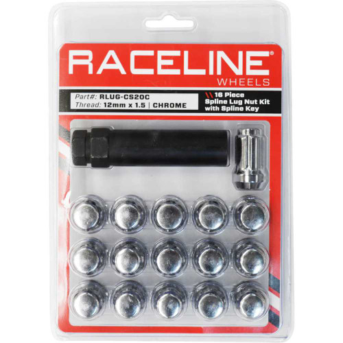 RACELINE WHEELS RLUGCS20C Raceline Wheels Lug Nuts - Spline Socket - 12 Mm X 1.5" - With Spline Key - Chrome - 16 Pack Rlug-Cs20C