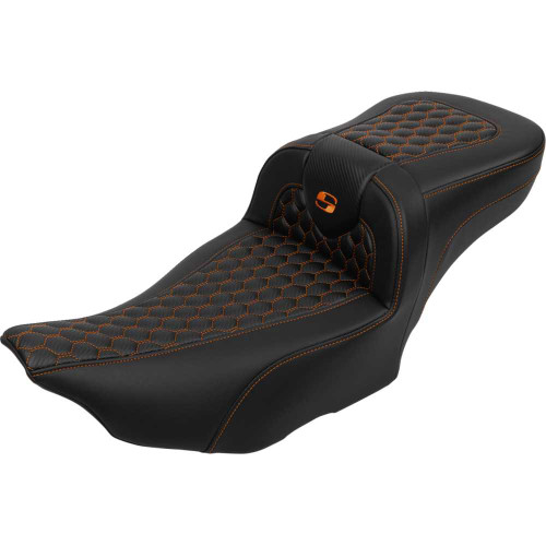 SADDLEMEN 82307190B3 Roadsofa Extended Reach Seat - With Backrest - Honeycomb - Orange Stitch - Fltr/Flhx '23-'24 823-07-190B3