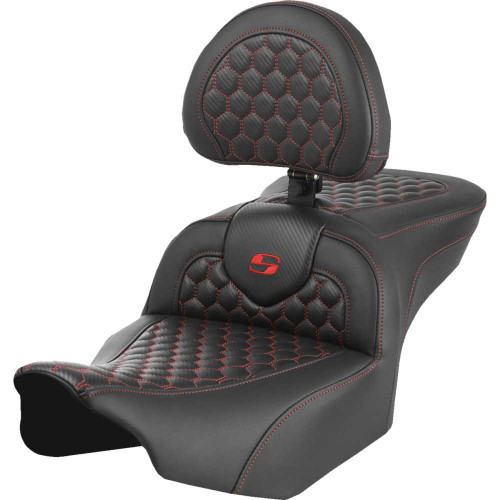 SADDLEMEN 82307189B4 Roadsofa Seat - With Backrest - Honeycomb - Red Stitch - Fltr/Flhx '23-'24 823-07-189B4