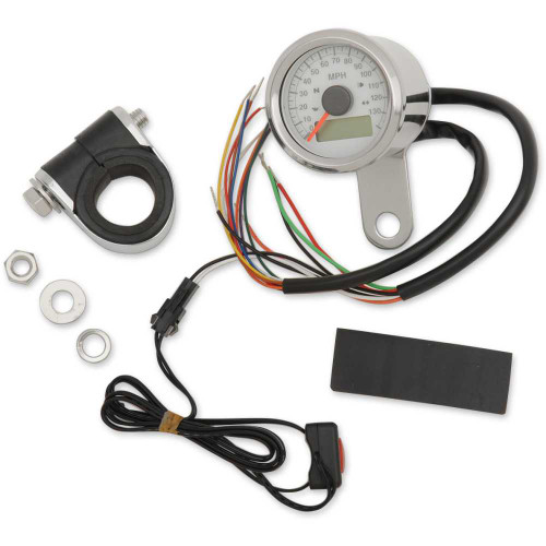 DRAG SPECIALTIES 2210-0417 Drag Specialties Programmable Speedometer With Indicator Lights - Stainless Steel - 140 Mph Led White Face - 1-7/8"