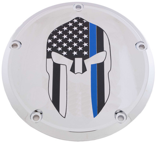 Custom Engraving LE02-46 Custom Engraving 7 M8 Flt/Flh Derby Cover Sparta Blue Line Chrome Le02-46