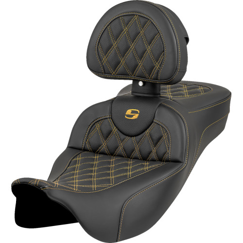Saddlemen Roadsofa Extended Reach Seat - Lattice Stitch - Gold Stitch - With Backrest - Fl '08-'23 808-07B-184B7