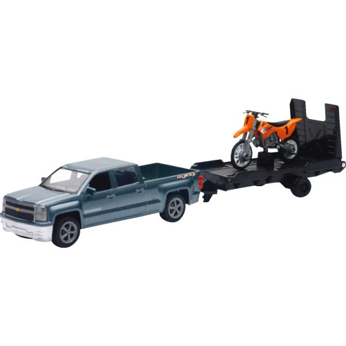 NEW RAY TOYS 19535A Chevrolet Silverado Pick Up W/ Dirt Bike - 1:43 Scale - Gray/Orange 19535A