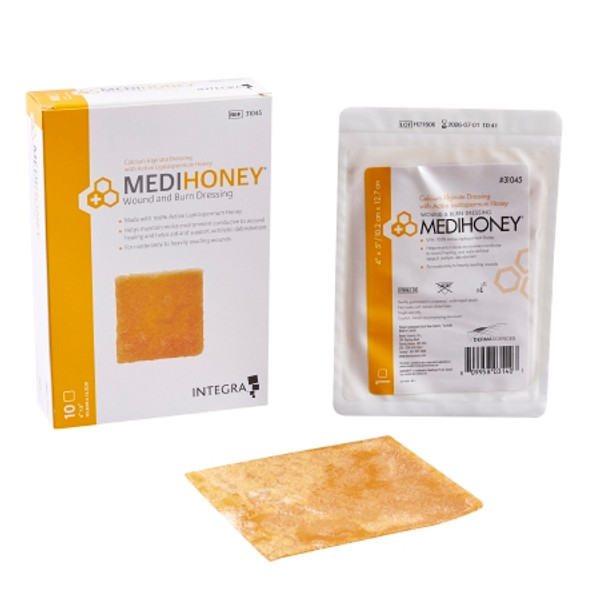 10X Honey Impregnated Wound Dressing MEDIHONEY® 4 X 5 Inch Calcium Alginate Active Leptospermum Honey Sterile