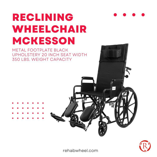 Reclining Wheelchair McKesson Desk Length Arm Removable Padded Arm Style Swing-Away Elevating Legrest / Metal Footplate Black Upholstery 20 Inch Seat Width 350 lbs. Weight Capacity