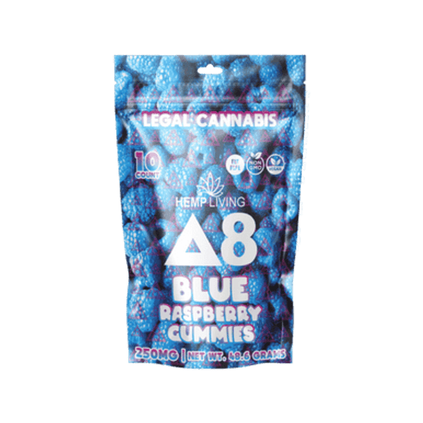 Hemp Living 250mg Bag Delta 8 Gummies in Blue Raspberry - Available for purchase now from GreenRX™ Sauk City