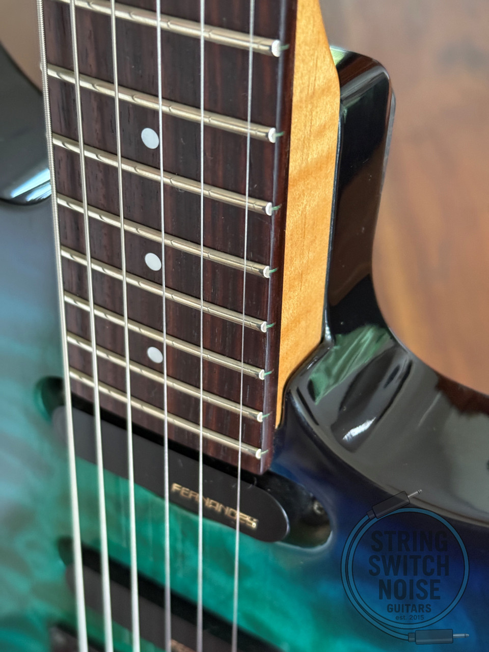 Fernandes HSS Super Strat, Quilted Aqua Burst, MIJ, 1990s
