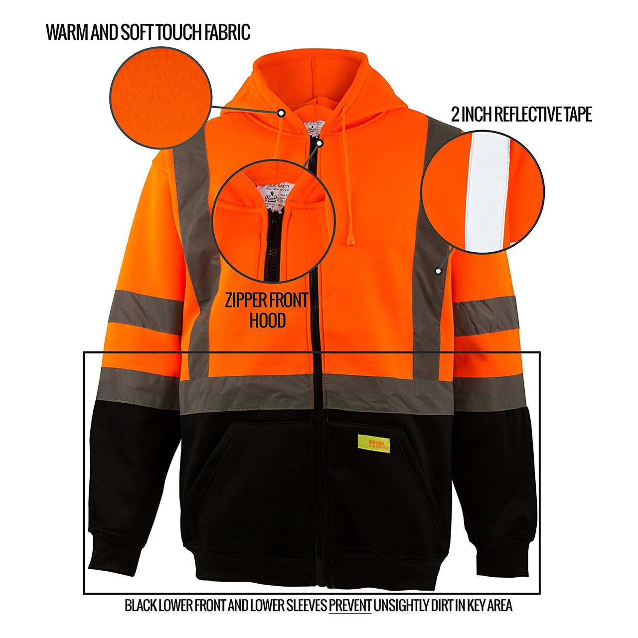 Troy Safety Hi-Viz Workwear Men's ANSI Class 3 High Visibility Class 3  Sweatshirt, Full Zip Hooded, Lightweight, Black Bottom