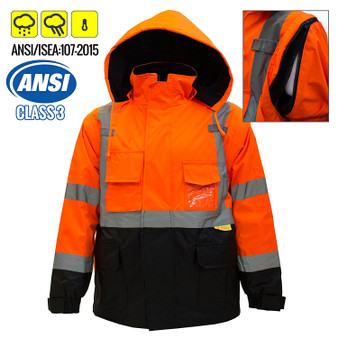 Troy Safety Hi-Viz Workwear,  Men's Ansi Class 3 High Visibility Safety Bomber Jacket With Zipper, PVC Pocket, Black Bottom and Detachable sleeve