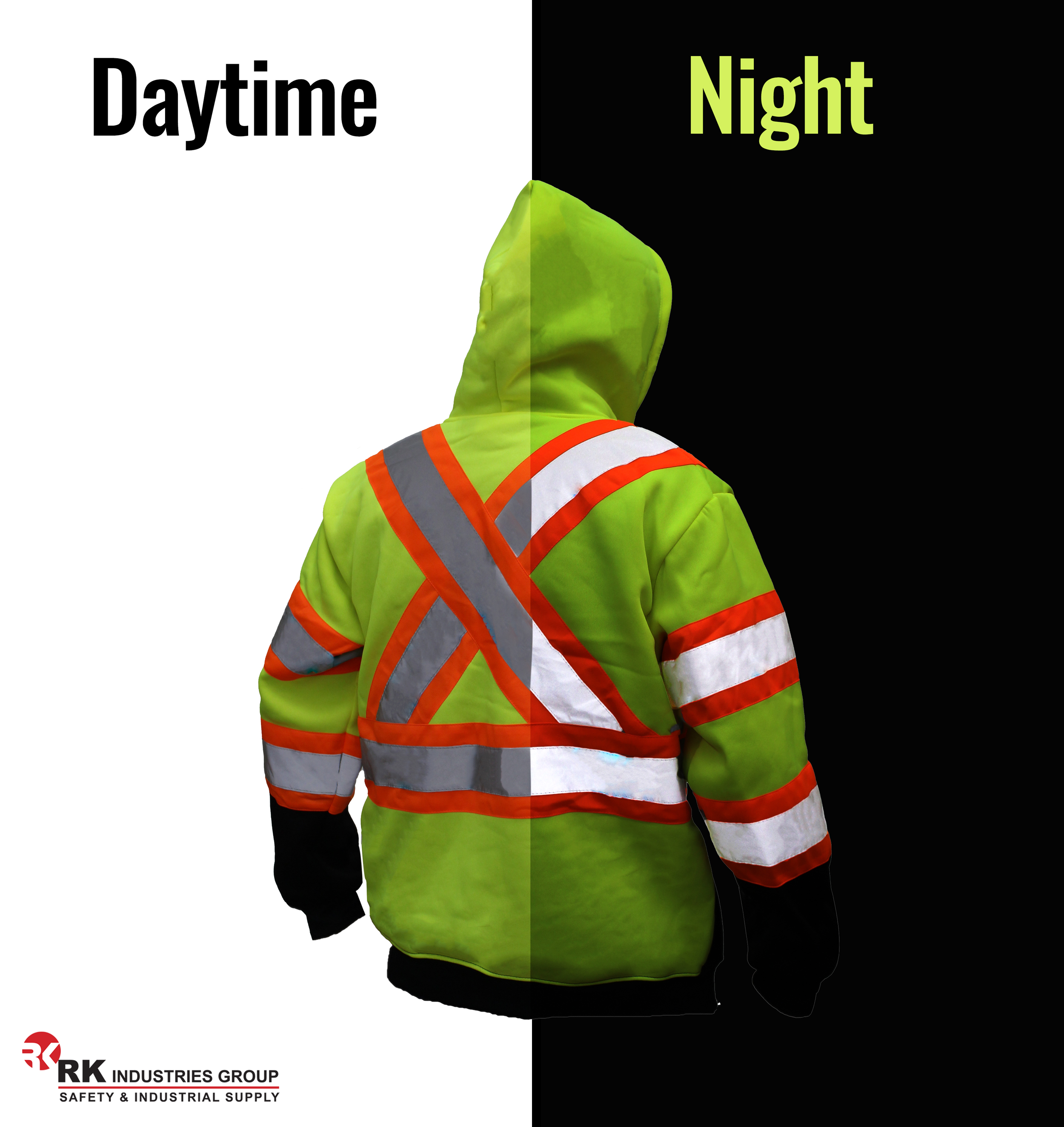 Troy Safety Hi-Viz Workwear, Men's ANSI Class High Visibility Class  Sweatshirt, Full Zip Hooded, Lightweight, Black Bottom with X pattern