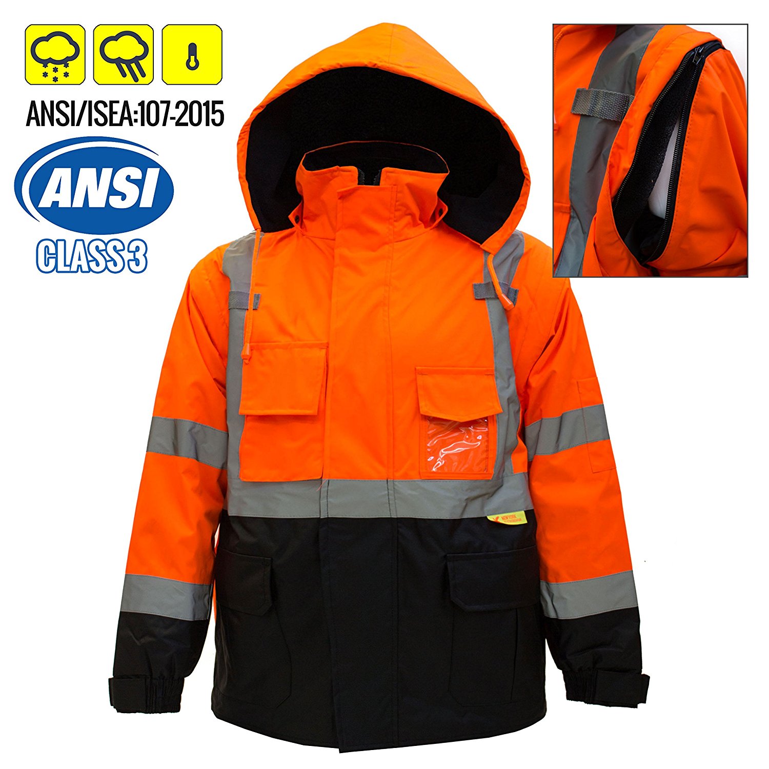 Troy Safety Hi-Viz Workwear, Men's Ansi Class High Visibility Safety  Bomber Jacket With Zipper, PVC Pocket, Black Bottom and Detachable sleeve