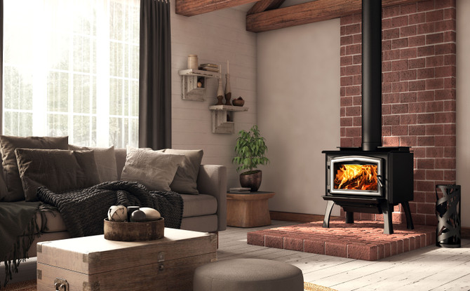 1700 WOOD STOVE | BRUSHED NICKEL DOOR OVERLAY | BLACK CAST IRON STRAIGHT LEGS WITH ASH DRAWER