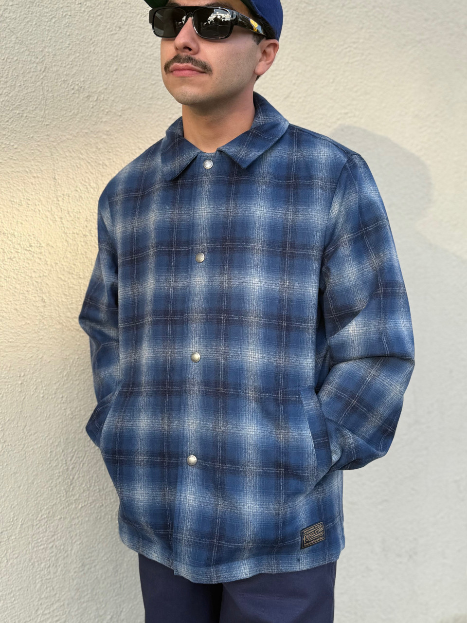 ジャケット・アウター 90s pendleton ombre check wool half coat Pendleton Wool Navy Ombre Quilted Coaches Jacket