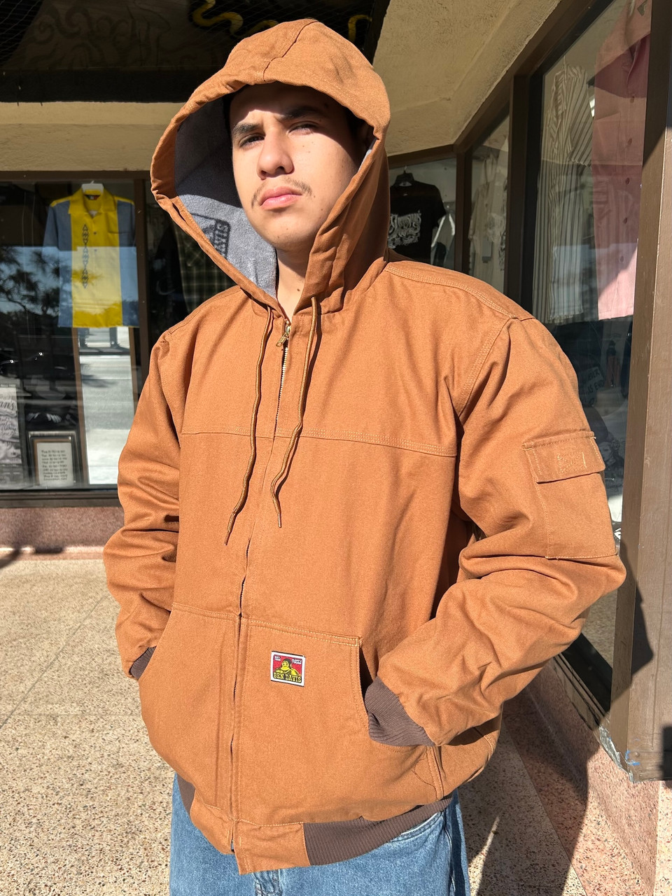 Ben Davis Zip Hooded Bomber Jacket Brown Canvas