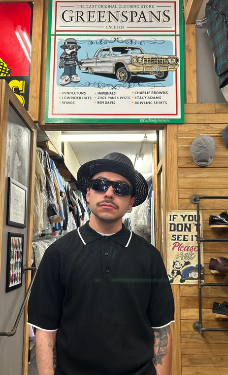 Solid Black Waffle Weave Knit Polo Shirt  With White Trim