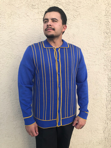 Cigar Cardigan Sweater Shirt Blue With Gold Stripe Cigar Cardigan Sweater Shirt Blue With Gold Stripe