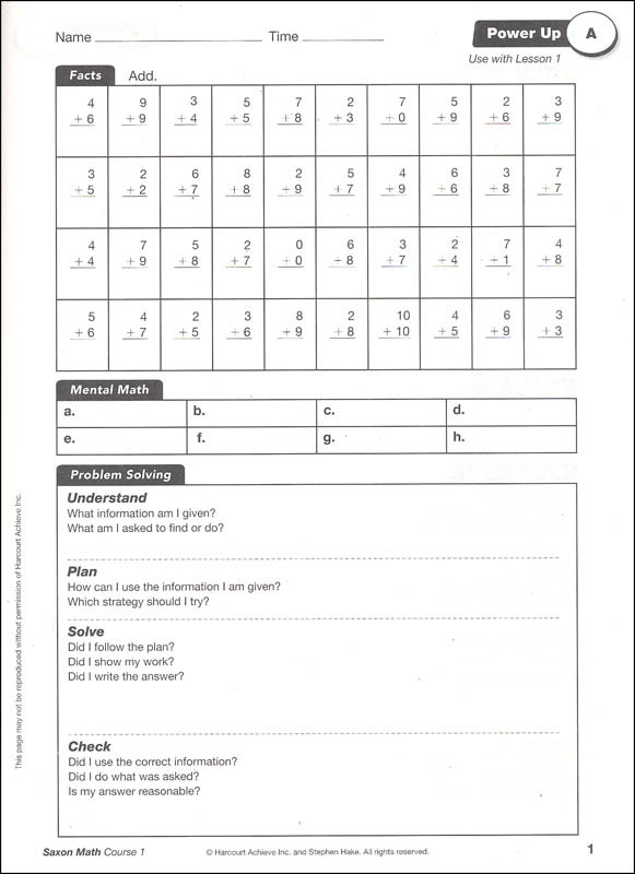 Saxon math grade 6 course 1 power up workbook 2012 classroom resource center