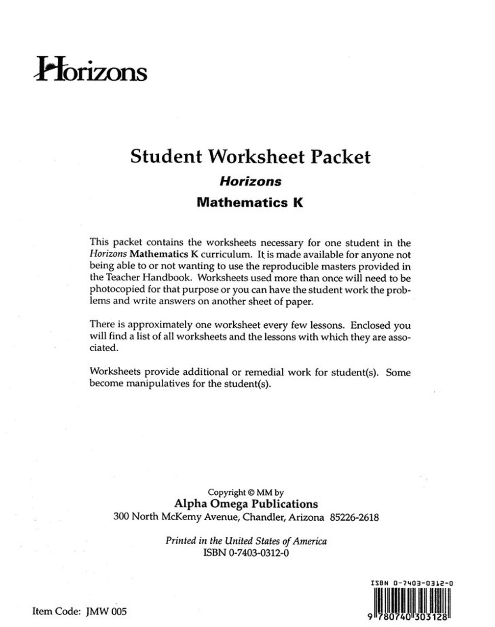 -Horizons Grade K Math Student Worksheet Packet