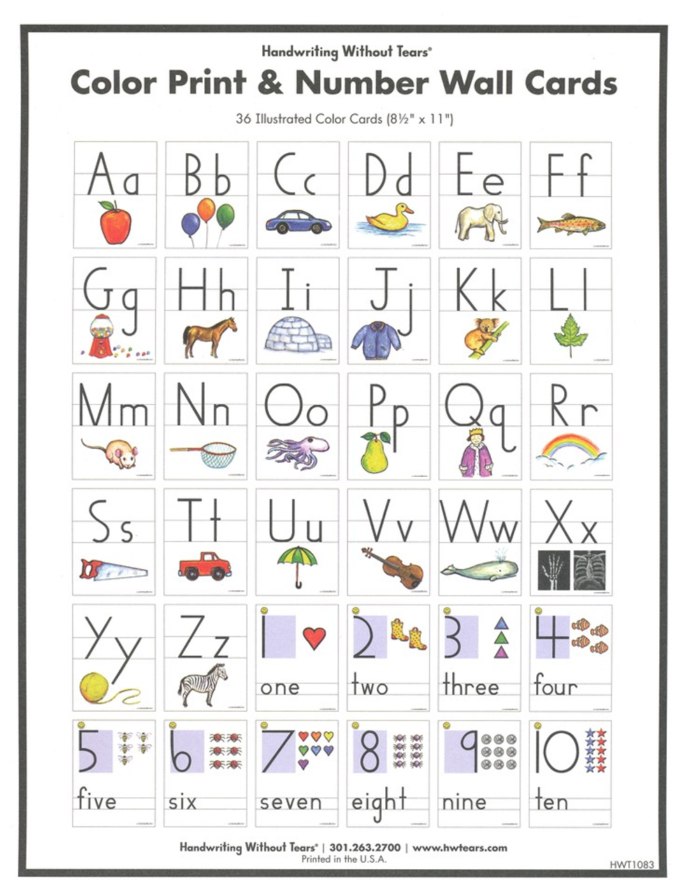 Handwriting Without Tears: Color Print & Number Wall Cards, Set of 36  (Grade Pre-K 