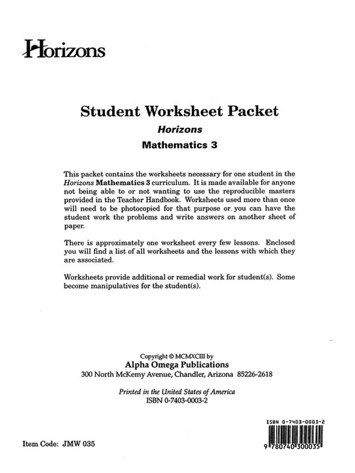 Horizons Grade 3 Math Student Work Sheet Packet