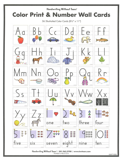 Handwriting Without Tears: Color Print & Number Wall Cards, Set of 36  (Grade Pre-K -- 2)