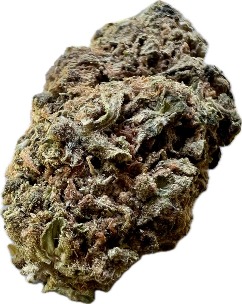 Close-up of a dense Ripkitty Runtz OG THCA Flower nugget. The bud is tightly packed with frosty trichomes and vibrant green tones. Hints of purple and orange pistils stand out, showing the strain's complex appearance and premium quality.