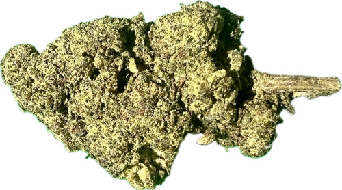 The nug shows off a compact, dense structure with a bright green hue. Trichomes cover the bud, giving it that frosty, sticky look. This is a tightly packed piece of the Pink Panther flower, highlighting its high-quality cultivation.