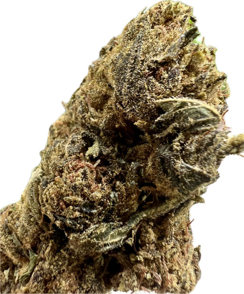 This image showcases a dense, trichome-laden nug of Ripkitty Black Truffle THCA Flower. The bud is bursting with an intricate array of frosty trichomes, which are highlighted against the deep green and purple hues of the flower. The nug is well-cured, with tightly curled sugar leaves, and the deep, earthy tones are apparent in its structure. This is the type of bud that commands respect—rich in detail and promise.