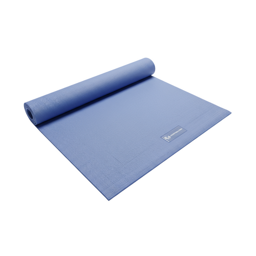 Partially unrolled blue yoga mat with AdaptAbilities logo