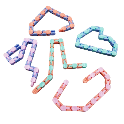 Five multi-colour snap track fidget toys organized, laying on their size