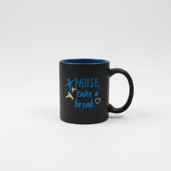 Adaptabilities mug reading "pause, take a break"