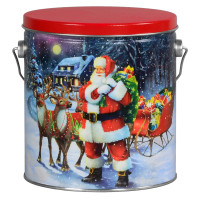 Santa with Reindeer Tall Round Tin Container Santa with Reindeer Tall Round Tin Container